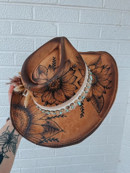 Sunflower Cowgirl Hat | Turquoise, Western, Cowboy, Lainey Wilson, Floral, Flowers, Brown, Tan, Summer, Music, Concert,