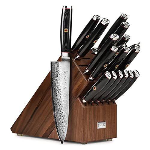 Enso SG2 18 Piece Knife Set - Made in Japan - 101 Layer Stainless Damascus with Walnut Knife Block