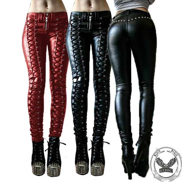 Punk Lace-up Studded Skinny PU Leather Pants