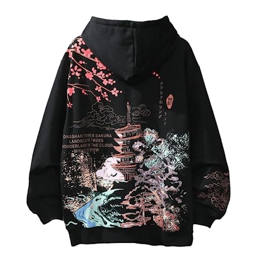 Women Men Aesthetic Japanese Sakura Hoodie, Y2K Anime Harajuku Cloth Korean Hooded Long Sleeve Sweatshirt for Winter Fall - Medium - Black