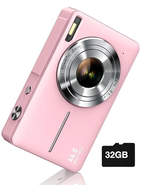 Digital Camera, FHD 1080P Camera, Digital Point and Shoot Camera with 16X Zoom Anti Shake, Compact Small Camera for Boys Girls Kids - Pink