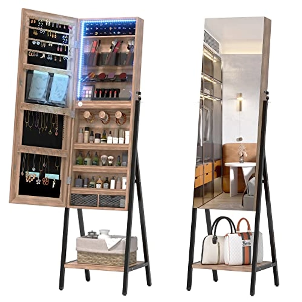 LVSOMT 3 LEDs Mirror Jewelry Cabinet, 42.5" Jewelry Mirror Full Length, Standing Lockable Jewelry Armoire Organizer, Floor Mirror with Storage for Jewelry Cosmetics, Brown