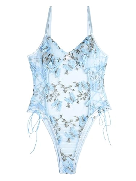 Lilosy Women Sexy Lace Up Floral Embroidered Teddy Lingerie Bodysuit Top Mesh Sheer One Piece