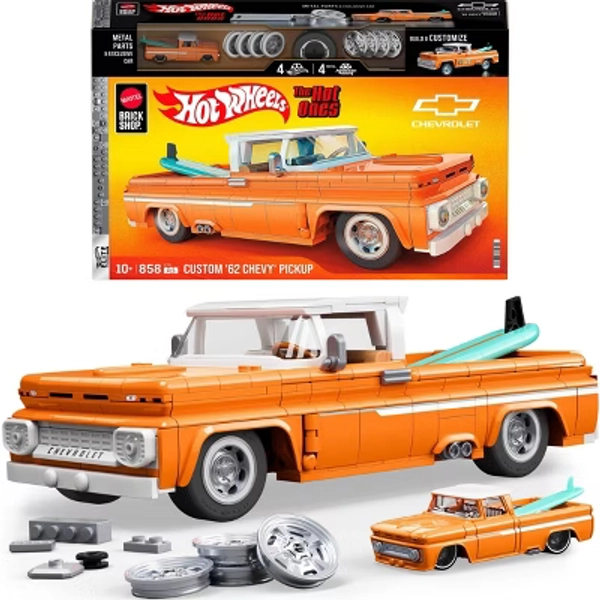 Mattel Brick Shop Hot Wheels Custom 62 Chevy Pickup Building Toy Kit for Collectors - 858pc