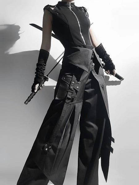 [$113.00]All Black Ouji Fashion Techwear Gothic Full Set - Sleeveless Top + Pants + Apron + Belt