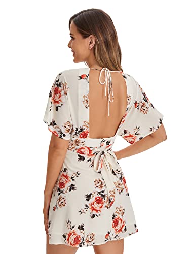 Floerns Women's Tropical Floral Plunging V Neck Tie Open Back Summer Short Dress - Medium - Apricot Flower