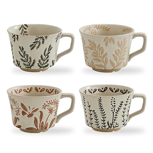 Swuut 12oz Rustic Ceramic Coffee Mug Set of 4 - Handmade Pottery Countryside Coffee Mugs with Big Handle for Latte,Tea,Milk,Hot Cocoa,Dishwasher & Microwave Safe(Plants) - Plants,set of 4