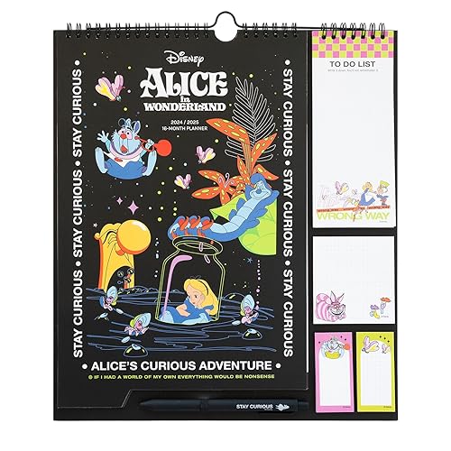 Grupo Erik - Calendrier Familial 2024 2025 Disney, Alice au Pays des Merveilles - de Septembre 2024 à Décembre 2025 | Planificateur Familial Mensuel avec Crochet - Noir