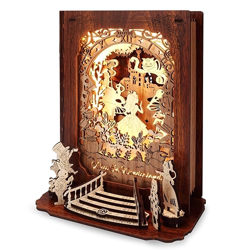 FUNPOLA Maquette en Bois à Construire Puzzle 3D Alice au Pays des Merveilles Veilleuse - Puzzle 3D en Bois à Construire - LED DIY Lampe Décor Puzzles 3D Bois Adultes - Alice au Pays des Merveilles