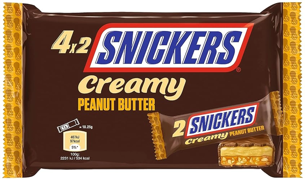 Snickers Creamy Peanut Butter Milchschokolade gefüllt mit Karamell und Erdnüssen Packung á 4 Doppelriegel 4 x 36,5g 146 g, Erdnussbutter, 1 stück