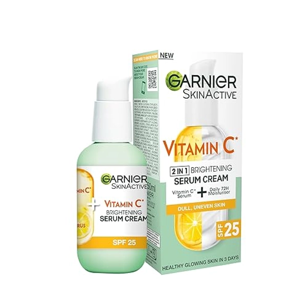 Garnier Vitamin C Serum Cream, 2in1 Formula With 20% Vitamin C serum & SPF 25 Moisturiser, Hydrate & Reveal Bright Glowing Skin, Organic & Vegan Formula, 50ml