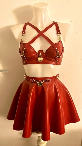 Latex heart padlock bra and skirt set