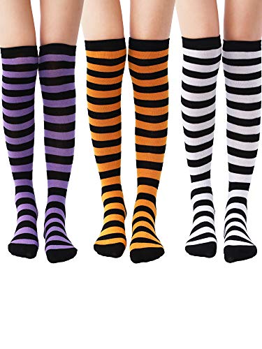 Tatuo 3 Pairs Halloween Long Striped Knee High Socks Witch Sock for Women Girls - 2-5 - Orange Black, Purple Black, Black White