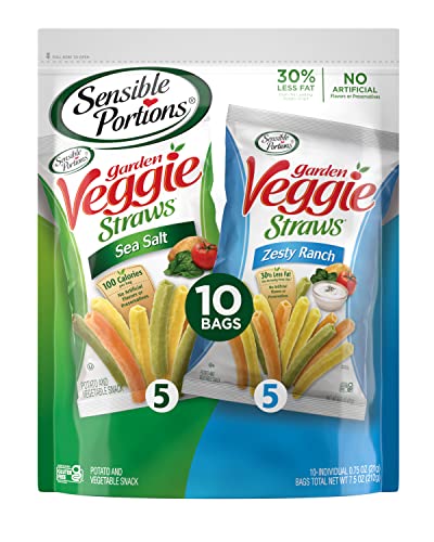 Sensible Portions Veggie Straws Multi-Pack, Sea Salt and Zesty Ranch Flavor, Gluten-Free Chips, Individual Snacks, 0.75 Ounce Bag, (Pack of 10) - Sea Salt & Ranch - 7.5 Ounce (Pack of 1)