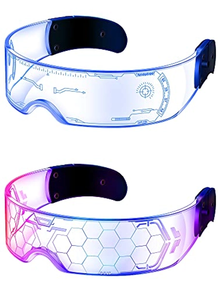 TOODOO 2 Pairs LED Visor Glasses 7 Colors Futuristic Glasses 4 Modes Light Up Glasses Honeycomb Luminous Glasses for Adults - Cool Style