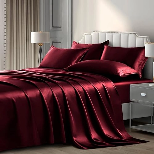 P Pothuiny 6 Pieces Full Satin Sheets Luxury Silky Burgundy Satin Bedding Sheet Set, 1 Deep Pocket Fitted Sheet + 1 Flat Sheet + 4 Pillow Cases