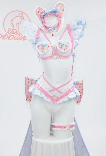 MOBBUNNY X 面倒くさい CHANA SADIE Derivative Pink Kawaii Bowknot Sexy Lingerie Set with Pantyhose Gloves Leg Ring Headband