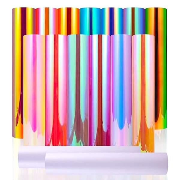 VINYL FROG Holographic Opal Vinyl Sheets 15 Pack 12''x12'' Permanent Adhesive Vinyl Bundle with 2 Transfer Tape for Smooth Surface, DIY Crafts Design and Home Decoration
