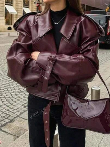 DEEKA Autumn/Winter New Women's Casual Fashion Oversized Shoulder Motorcycle Short Leather Jacket