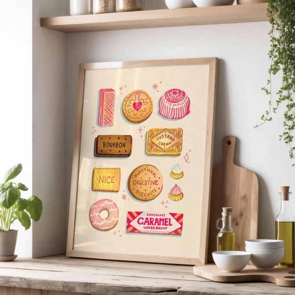 Biscuits art print | A3 A4 A5 | Custard cream, Bourbon, teacake, pink wafer illustration