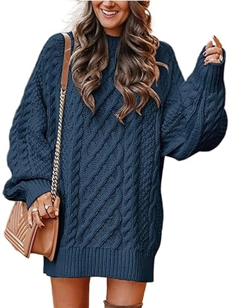 Women Long Sleeve Oversized Cable Knit Chunky Baggy Loose Pullover Tunic Mini Sweater Dress Trendy Fall Outfits
