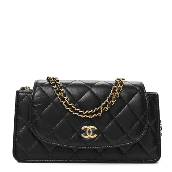 CHANEL Lambskin Quilted Phone Holder Flap Black | FASHIONPHILE