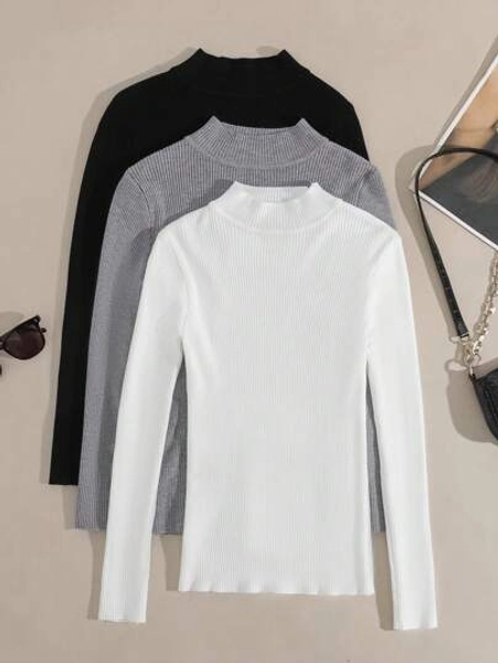 INAWLY 3pcs Mock Neck Ribbed Knit Sweater,Long Sleeve Tops Knit Pullover Fall Winter Outfit