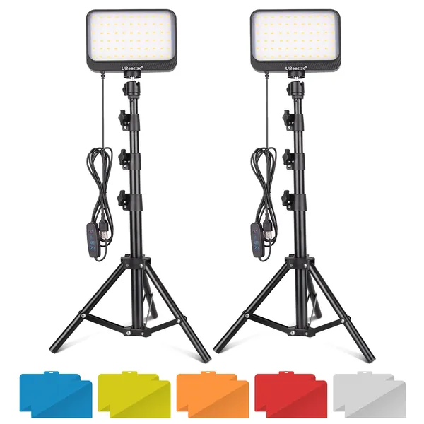 UBeesize LED Video Light Kit, 2Pcs Dimmable Continuous Portable Photography Lighting with Adjustable Tripod Stand & Color Filters for Tabletop/Low-Angle Shooting, for Zoom, Game Streaming, YouTube