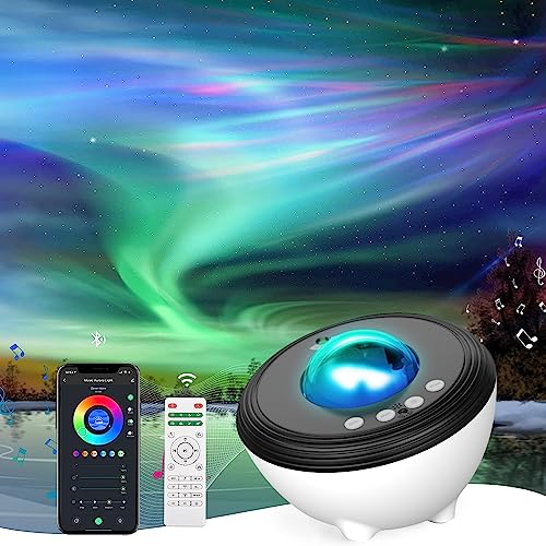 YunLone Aurora Star Projector Galaxy Light with Smart APP, Northern Light Music Speaker, White Noise Sound Machine, 48-Scene Modes, DIY Light, IR Remote, Dimmable Multicolor, Compatible with Alexa - White+black