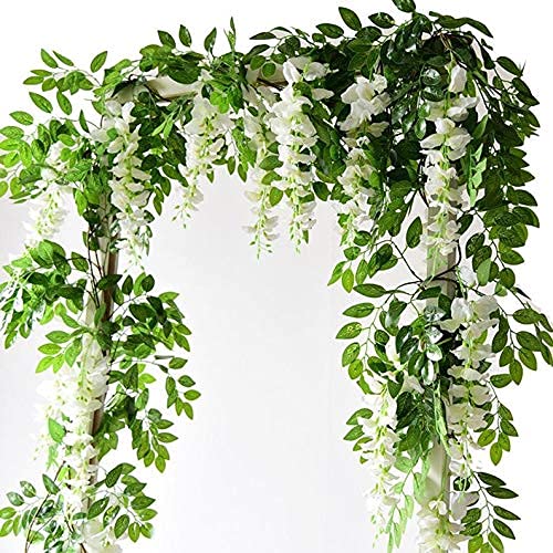 Artificial Wisteria Vine, Fake Silk Flowers Hanging Vines Plants Faux Garlands for Garden Outdoor Wall Greenery Jungle Party Wedding Arch Floral Decoration - White