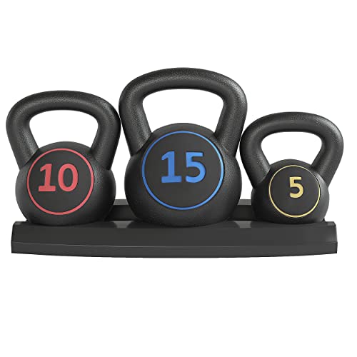 Yaheetech Kettlebell Weight Set 3pcs Kettle Bell Weight Lifting Training with Stand for Home Gym Strength Training 5, 10&15lbs(2.2kg,4.5kg,6.8kg) Black