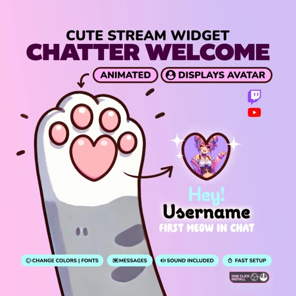 Chatter Welcome Widget for Twitch, YouTube.| Cute Animated new chatter alert Greeting Widget. Avatar + Name + Custom Message Streaming Asset