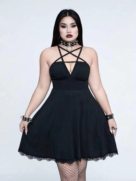 Whyspr Vestido diario de talla grande para primavera y verano, de corte ceñido, sexy y oscuro, de estilo casual, versátil y audaz, con cuello de estrella cruzada, cintura alta, efecto estilizante y bajo de encaje y parches