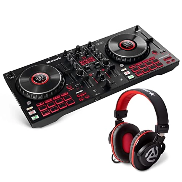 DJ Controller Bundle - DJ Set with 4 Decks, DJ Mixer, Audio Interface, Jog Wheel Displays, FX and DJ Headphones - Numark Mixtrack Platinum FX and HF175