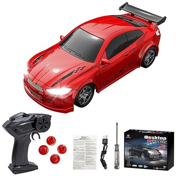 UIXENI Desktop RC Drift Car, 1:64 Mini Remote Controlled Car, 2.4 GHz 4WD Racing Cars with LED Lights for Kids Adults (red)