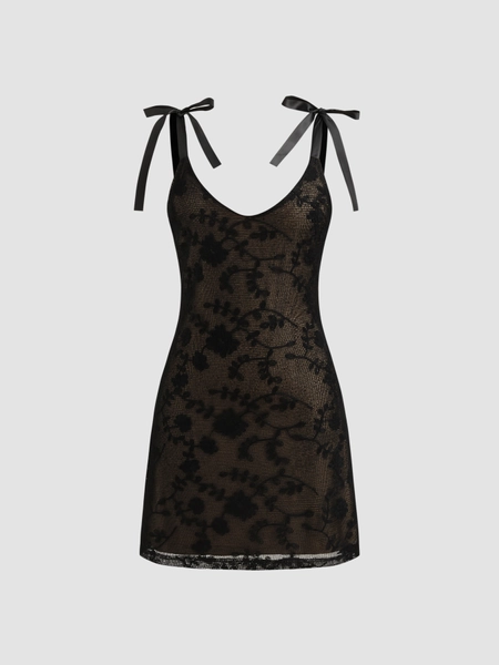 Scoop Neckline Floral Bowknot Mini Dress