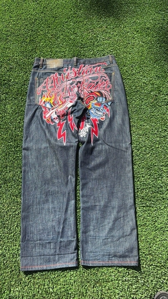 Christian Audigier Ed Hardy Jeans Mens 38x34 Skull Embroidered Denim Y2K