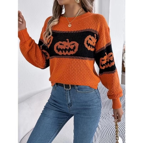 Coolmee Halloween Sweaters for Women Funny Long Sleeve Knitted Pullover Sweater Crew Neck Shirts Fall Outfits Orange Color L