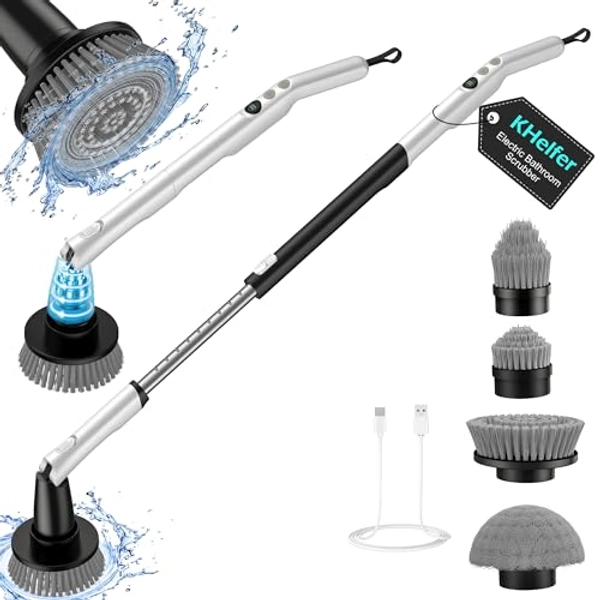 kHelfer Electric Spin Scrubber Kh8 Max, 2023 New LED Display Cordless Shower Scrubber, Triple Speed & 4 Brush Head, 1.5H Bathroom Shower Cleaning Brush with Extension Arm for Bathtub Tile Floor