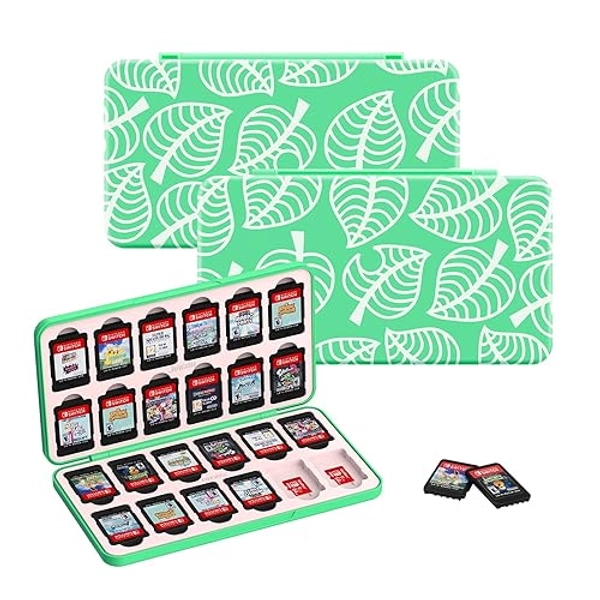 JINGDU 24-Slot Switch Game Card Case Compatible with Switch Game & micro SD Cards, Hard Shell, the Cute Games Holder Organizer Suitable for NS, Lite & OLED Game Card, acnh Leaf