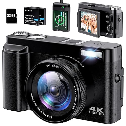 4K Digital Camera for Photography Autofocus 48MP 4K Camera with SD Card, 180° 3.0 inch Flip Screen Vlogging Camera for YouTube Video Compact Cameras with 16X Digital Zoom, Anti-Shake, 2 Batteries - Compact - Black