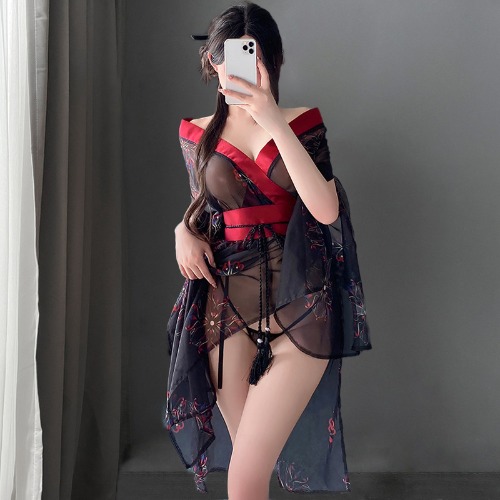 Amorino Black Sheer Kimono Lingerie - Black / M