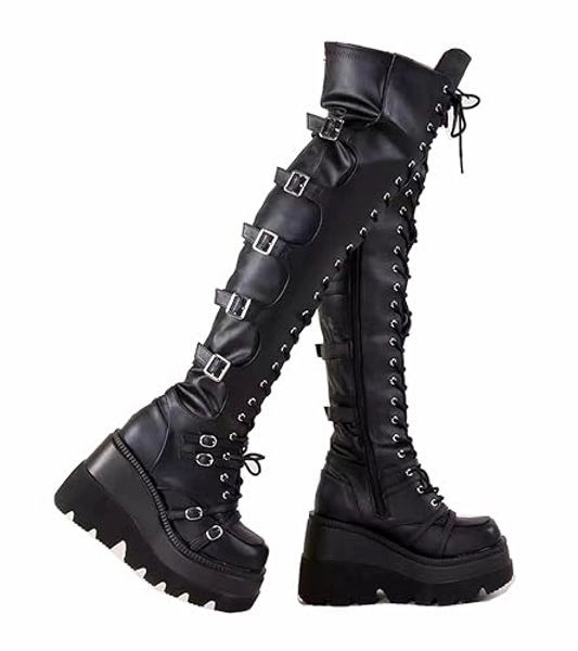 Gothniero Black Platform Boots Over Knee Thigh High Goth Boots for Women Chunky Heel Rave Motorcycle Boots with Buckles Side Zip Lace Boots Size5.5-10