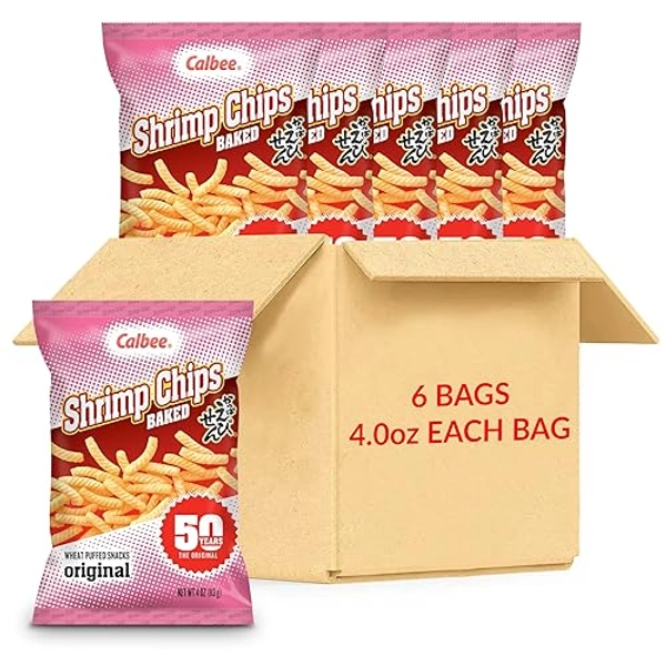 Calbee Shrimp Chips (Original, 4.0 oz) | Japanese Chips Made With Real Wild-Caught Shrimp & Baked To Crunchy Perfection | Indulge In Irresistible Shrimp Flavoured Chips (6 Pack)