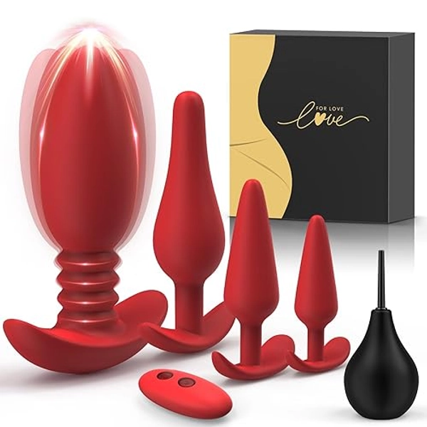 Linsecn Anal Plug Vibrating Butt Plug - 5PCS Anal Training Kit with Enema, Prostate Massager 10 Vibration Modes, Anal Toys Plugs Vibrator Dildo, Remote Control Adult Sex Toys for Men or Women Pleasure
