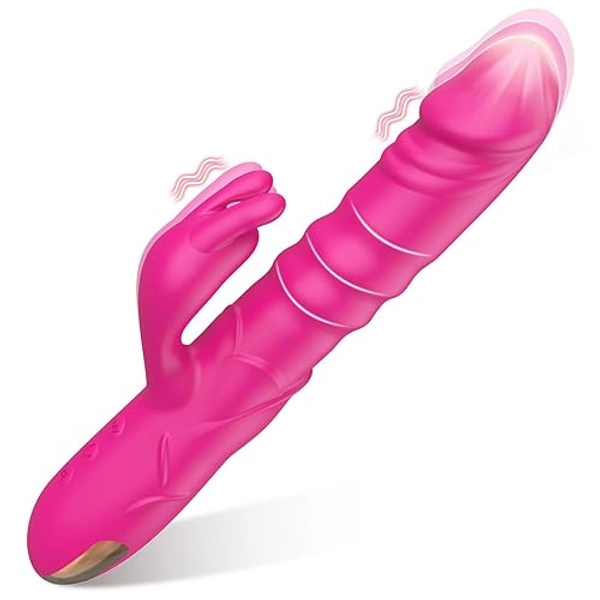 Thrusting Rabbit Vibrator, G Spot Clitoral Vibrator Waterproof & Rechargeable Realistic Silicone Dildo Vibrator with 3 Thrusting & 10 Vibrating Modes, Rose Sex Toys for Women (Rabbit Vibrators-001)