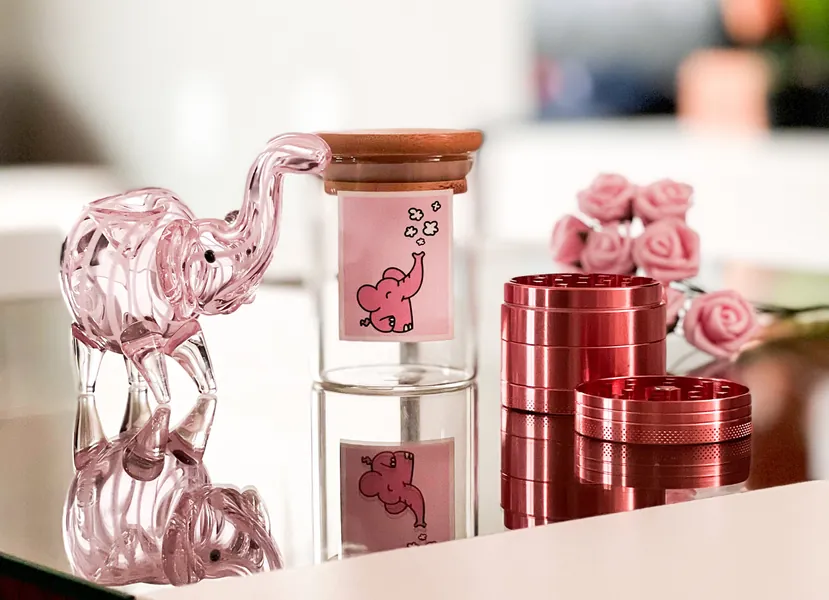Pink Elephant Set: 3" Glass Pipe, Pink Grinder and Airtight Glass Jar.