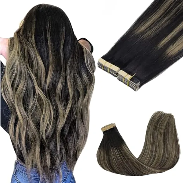 GOO GOO Tape in Hair Extensions Human Hair, 40pcs 100g 20inch, Balayage Natural Black to Light Blonde Real Remy Hair Extensions Seamless Straight Human Hair Extensions