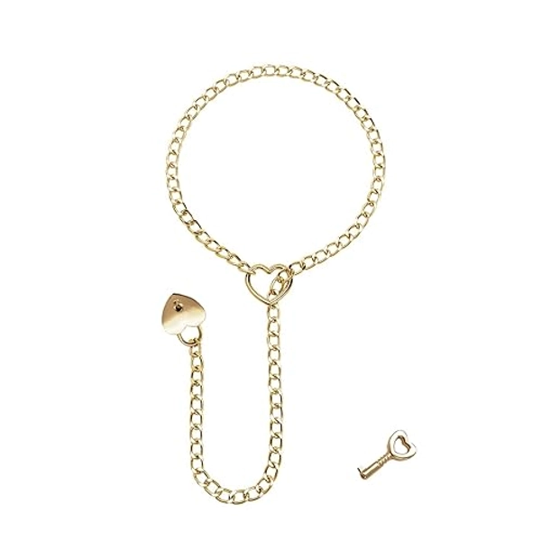 GAUEIOUR Womens Slip Chain Necklace Heart O-Ring,Punk Rock Link Chains Necklace, Adjustable Stainless Steel Lasso Heart-Shaped Jewelry, Fashionable and Trendy Item, Lock Core With Key (Gold)