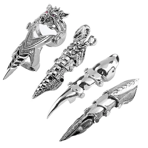 Jovivi Men's Jewelry Silvery Armour Knuckle Full Finger Double Loop Activity Ring Punk Rock Gothic Cool,1-4pcs